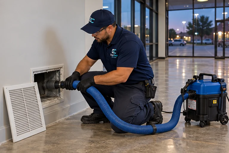 EverClear branded technician performing commercial air duct cleaning service