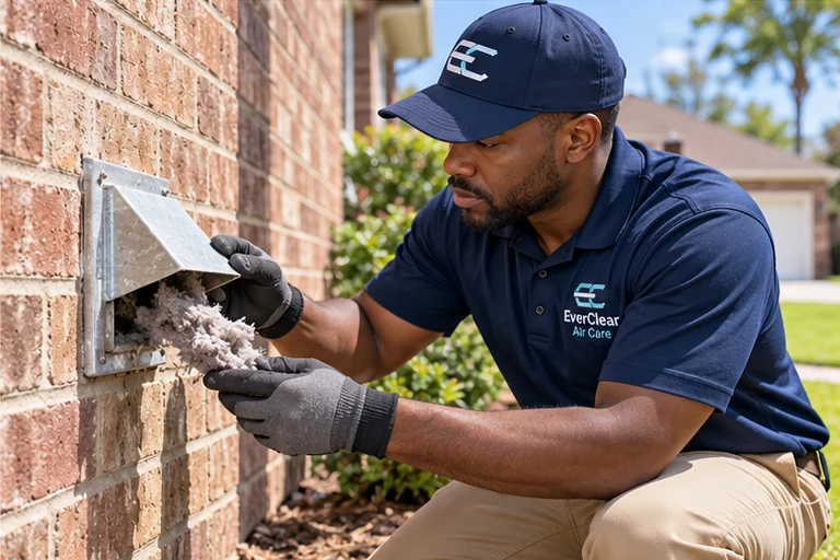 EverClear branded technician performing dryer vent cleaning service